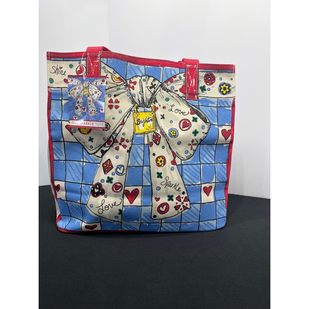 Brighton Love Sparkle Tote Canvas Bag Hearts Bow Blue Red Whimsical NWT